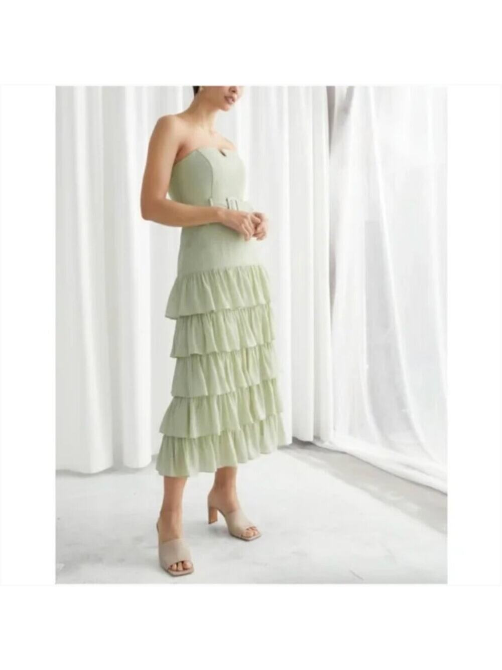 & Other Stories Layered Belted Strapless Midi Dress in Light Green